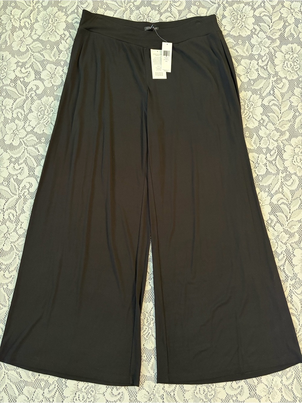 Eileen Fisher 100% Silk Classic Black Stretch Jersey Wide Leg / Palazzo Pants - Picture 5 of 12